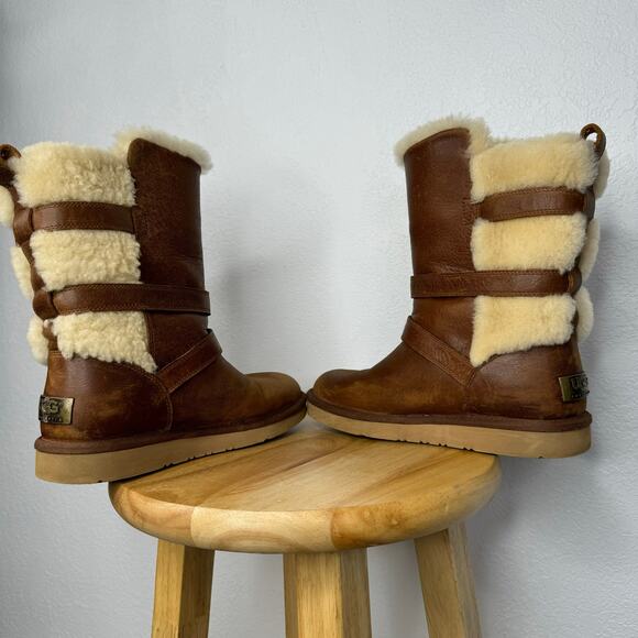 Ugg Women's Brown Becket Mid Calf Pull On Winter Shearling Buckle Boots Size 8 - Picture 3 of 10